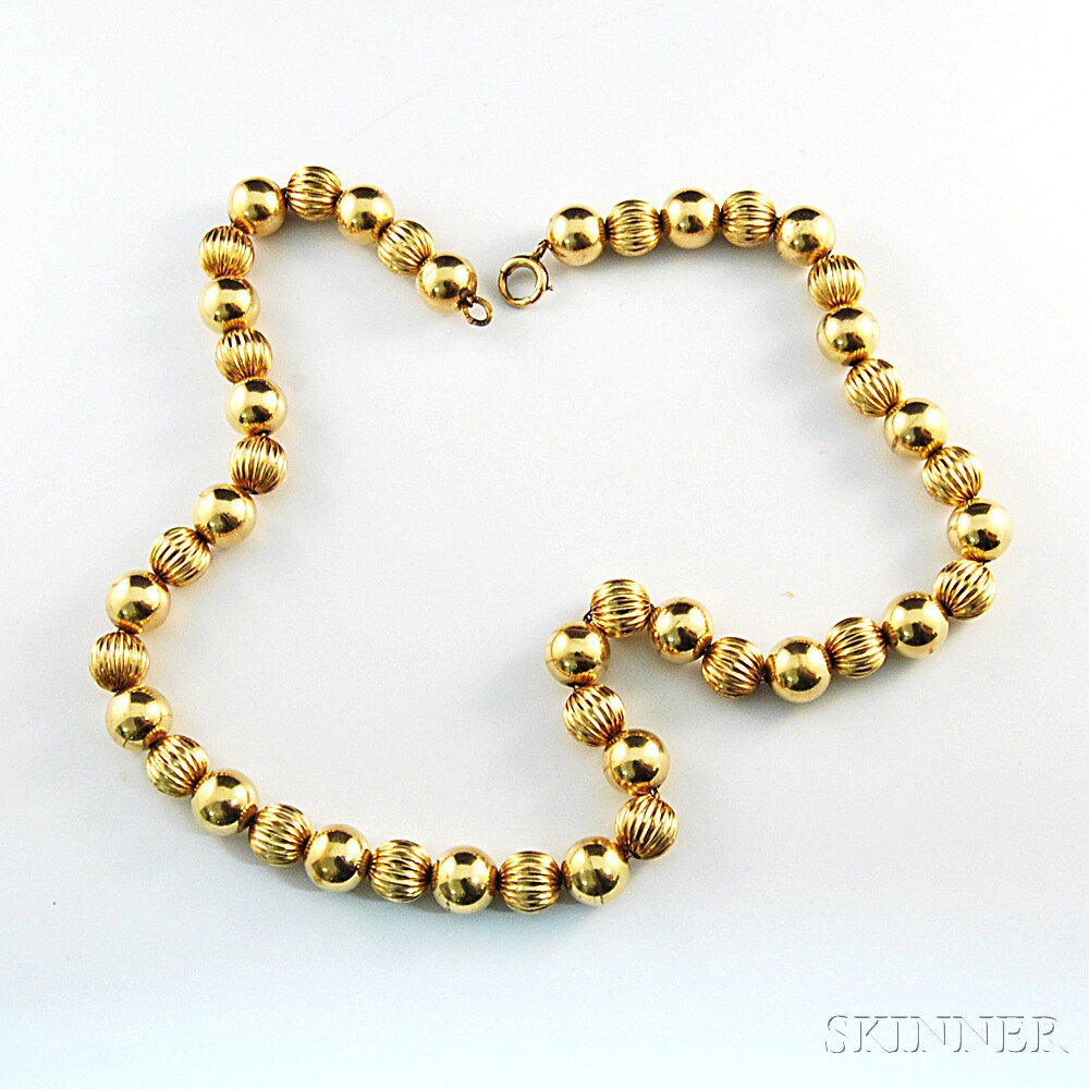 Appraisal: kt Gold and Gold-filled Bead Necklace alternating polished and textured