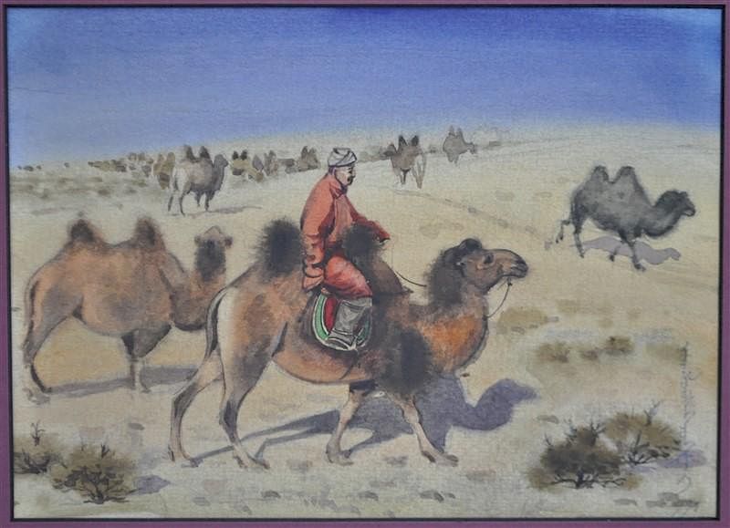 Appraisal: MONGOLIAN WATERCOLOR CAMEL HERDER - LOBSAN ZUNDAI Signed Original Watercolor