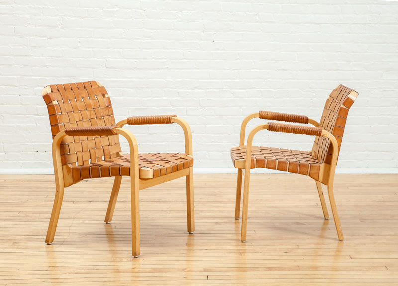 Appraisal: PAIR OF BENTWOOD AND WOVEN-LEATHER ARMCHAIRS x x in The