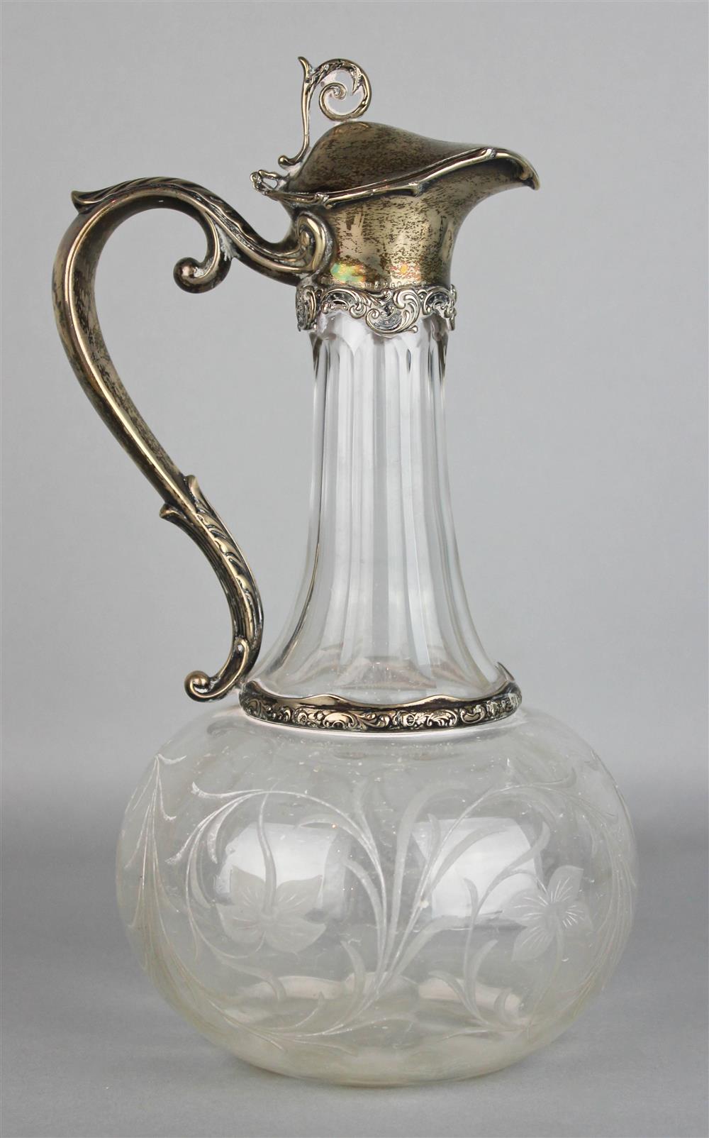 Appraisal: GORHAM SILVER MOUNTED WHEEL ENGRAVED GLASS CLARET JUG date code