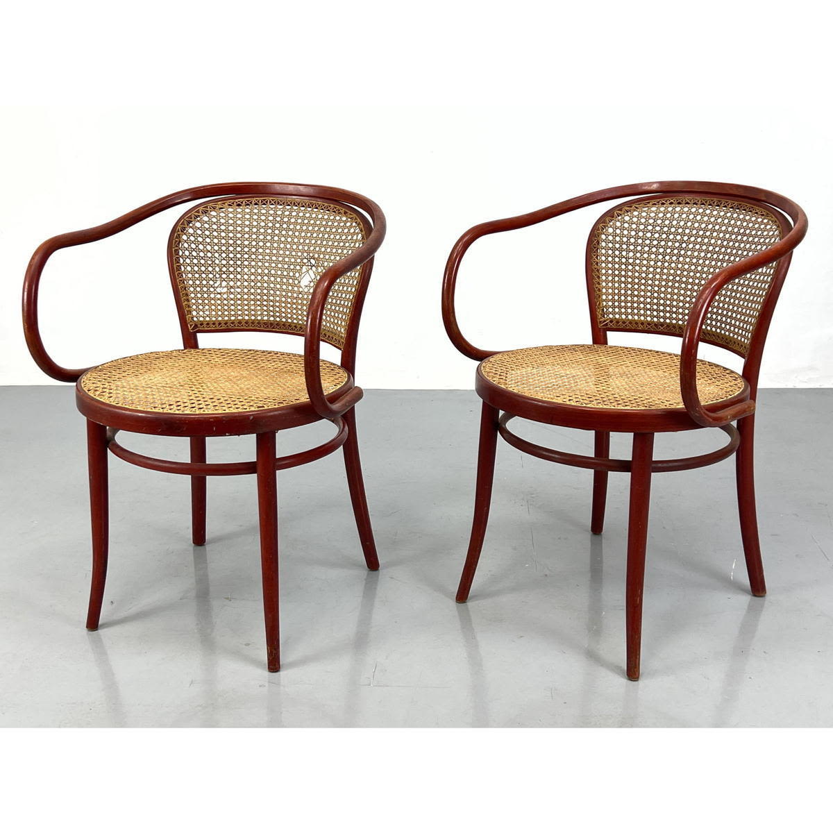 Appraisal: Red aniline Dye Hand Caned Bentwood Chairs Stamped made in