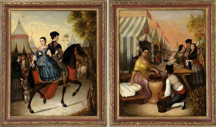 Appraisal: Spanish School Two Festival Scenes with Figures Oil on canvas