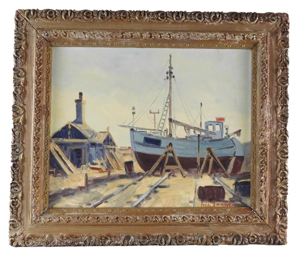 Appraisal: Fritz Jacobsen Danish b Working Boat Yard oil on canvas