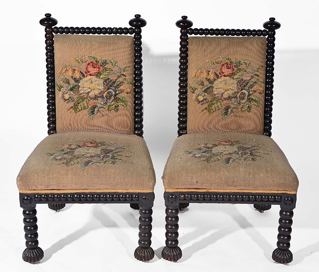 Appraisal: Two Thomas King 's bobbin turned chairswith original tapestry seat