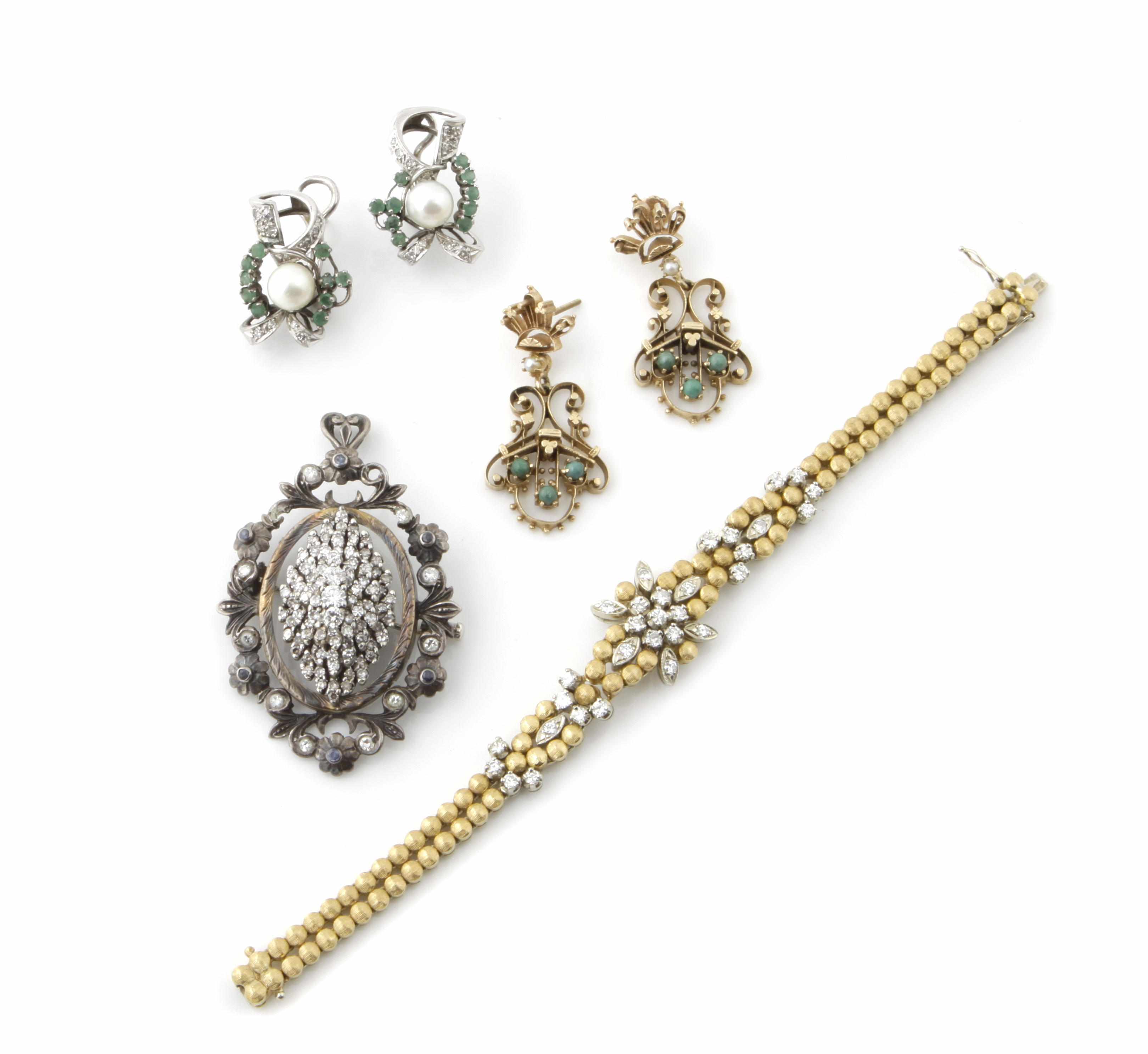 Appraisal: A collection of diamond gem-set cultured pearl gold silver and