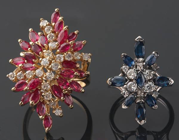 Appraisal: A collection of two gem-set diamond and gold rings featuring