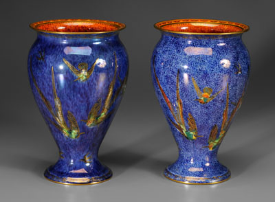 Appraisal: Two Wedgwood lustre footed vases mottled blue ground with polychrome