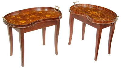 Appraisal: Two similar mahogany and marquetry kidney shape tray tables the