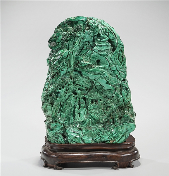 Appraisal: Chinese malachite carving with figures with pavilion and pine trees