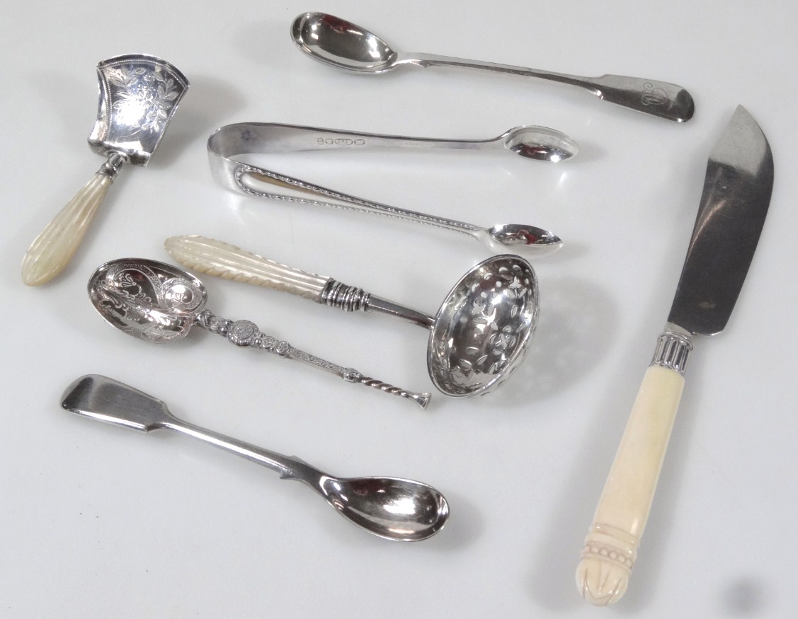 Appraisal: Various silver bladed and other cutlery caddy spoon sugar bows