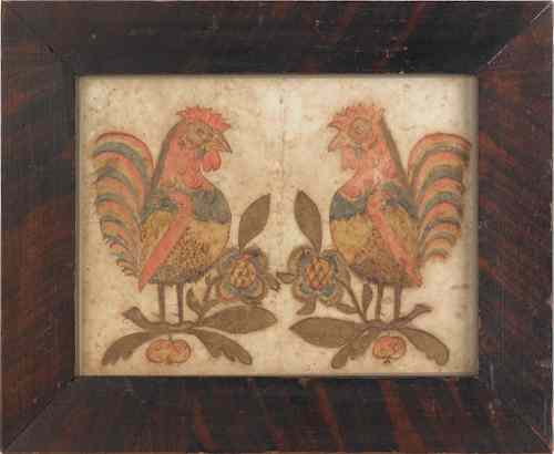 Appraisal: Pennsylvania watercolor on paper folk art drawing of two roosters