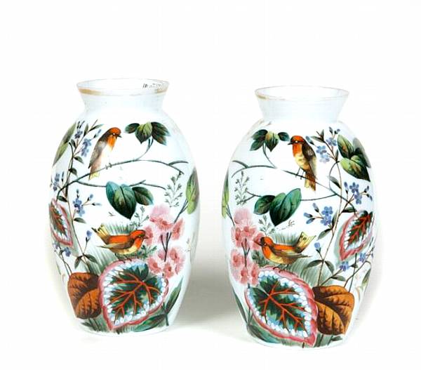 Appraisal: A pair of painted opaline glass vases decorated with birds