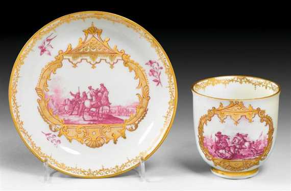 Appraisal: CUP AND SAUCER WITH BATTLE SCENE IN PURPLE CAMAIEU Meissen