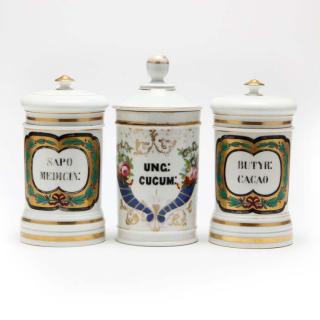 Appraisal: Three Paris Porcelain Apothecary Jars th century a pair with