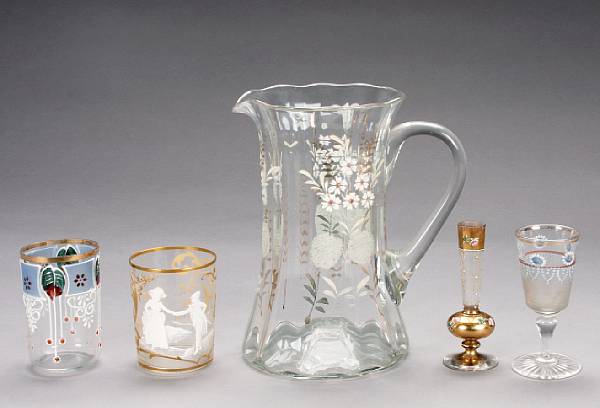 Appraisal: A group of glass enameled table articles comprising a pitcher