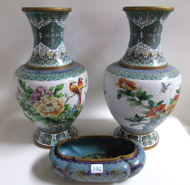 Appraisal: THREE CHINESE CLOISONNE VESSELS consisting of two matching copper cloison