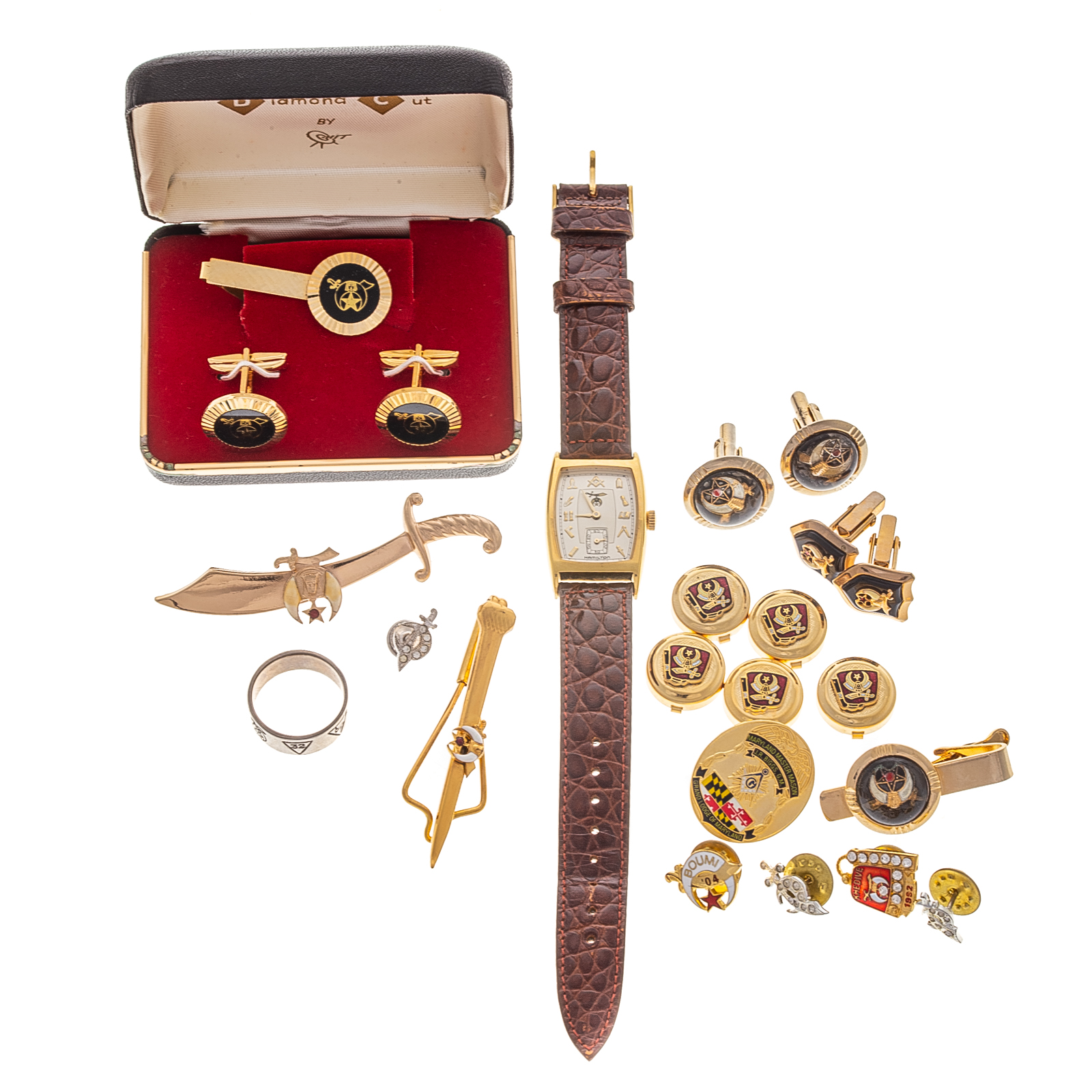 Appraisal: A MASONIC HAMILTON WATCH JEWELRY All gold plated items including