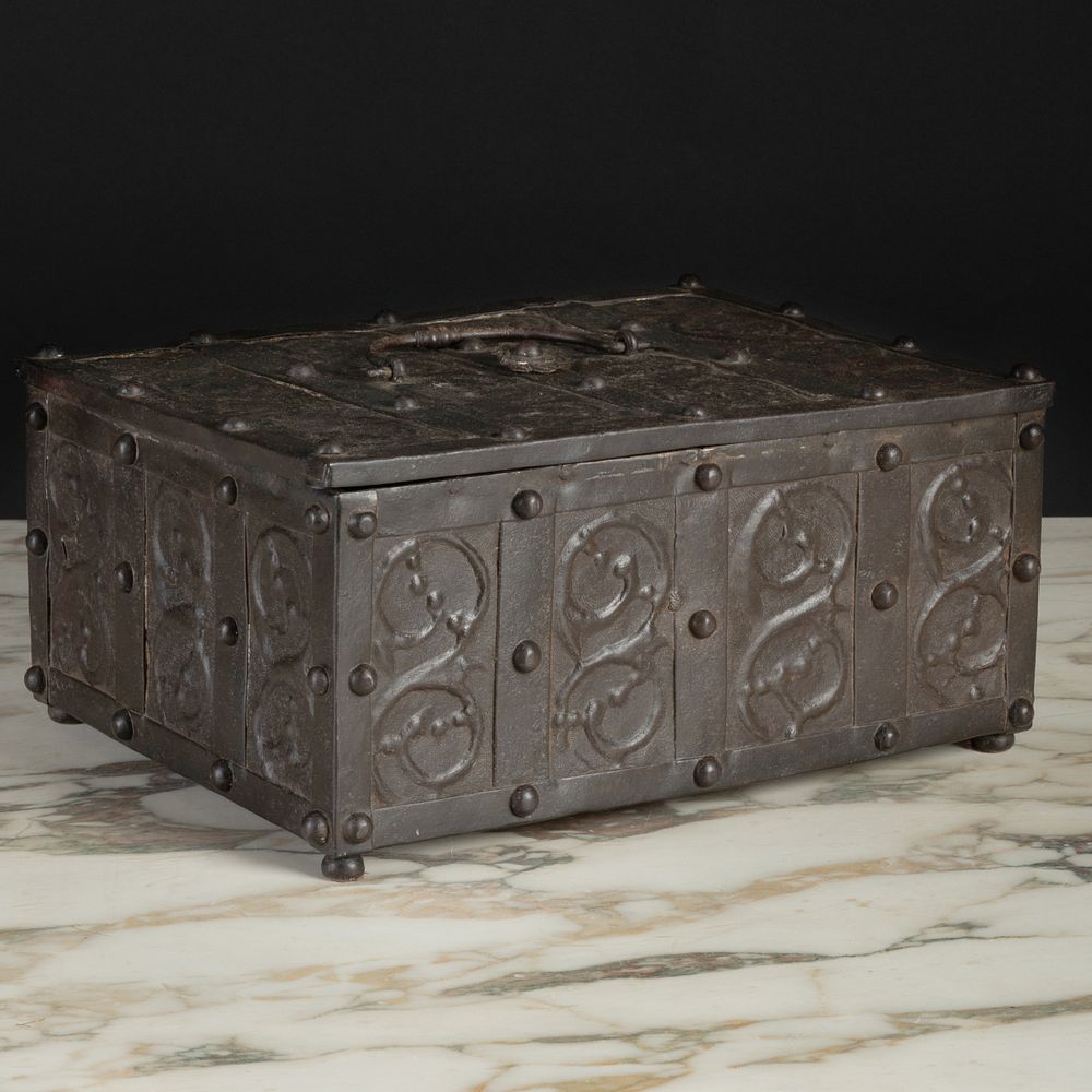 Appraisal: Continental Baroque Iron Strongbox and Key Probably Italian Fitted with