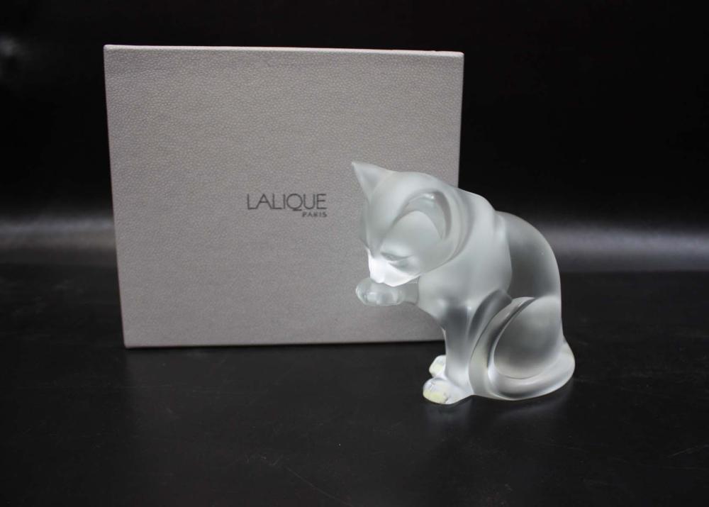 Appraisal: LALIQUE FROSTED CRYSTAL CAT SCULPTURE Chat A SaToilette Grooming Cat