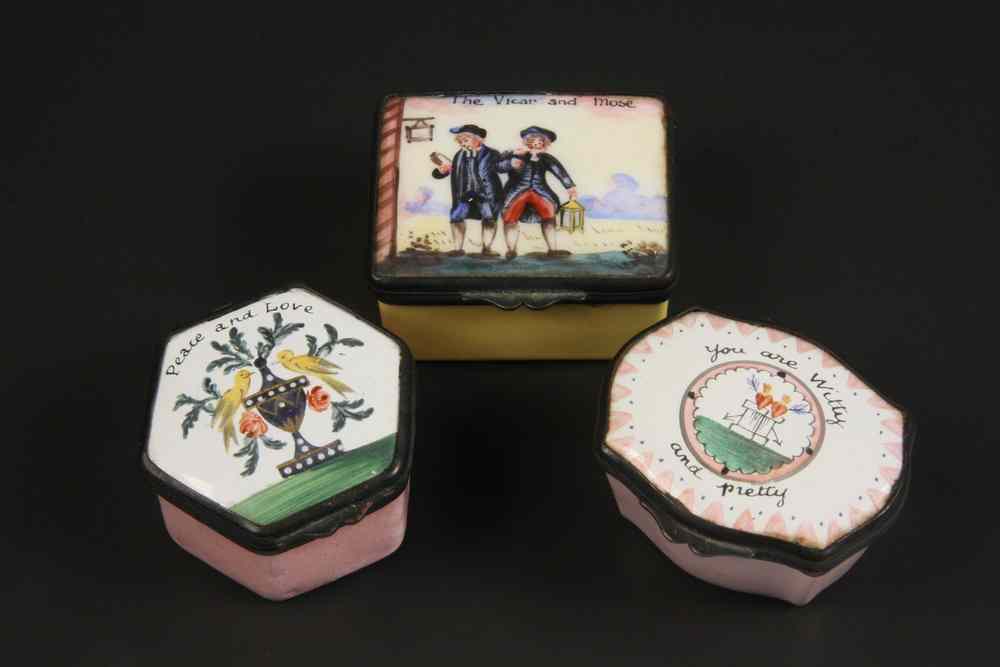 Appraisal: BOXES - Lot of Battersea enamel on copper miniature boxes