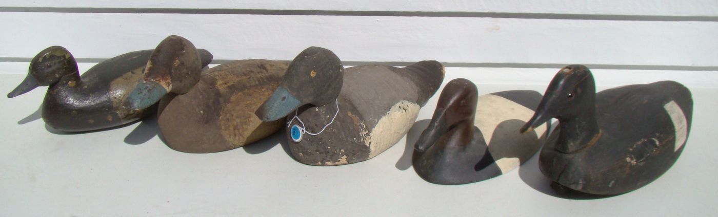 Appraisal: FIVE DECOYS Maine scoter New Jersey bluebill cast iron canvasback