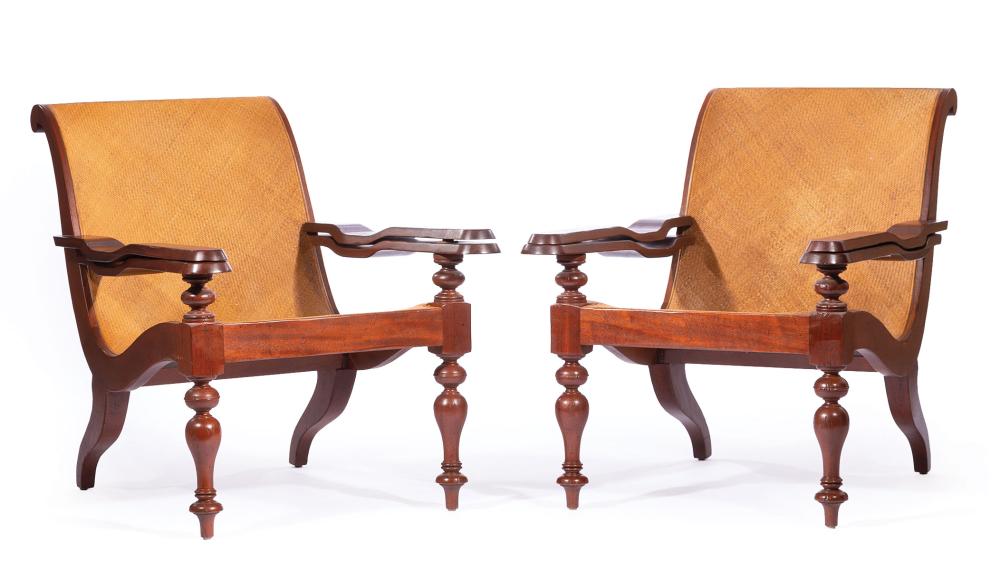 Appraisal: Pair of West Indies Mahogany Planter's Chairs th c scroll