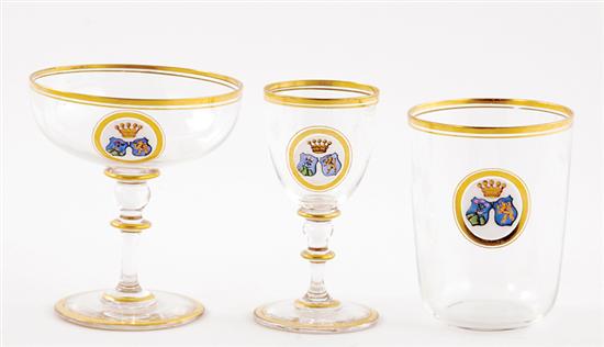 Appraisal: Unusual enamel glass drink set gilt-rim vessels inset with enamel