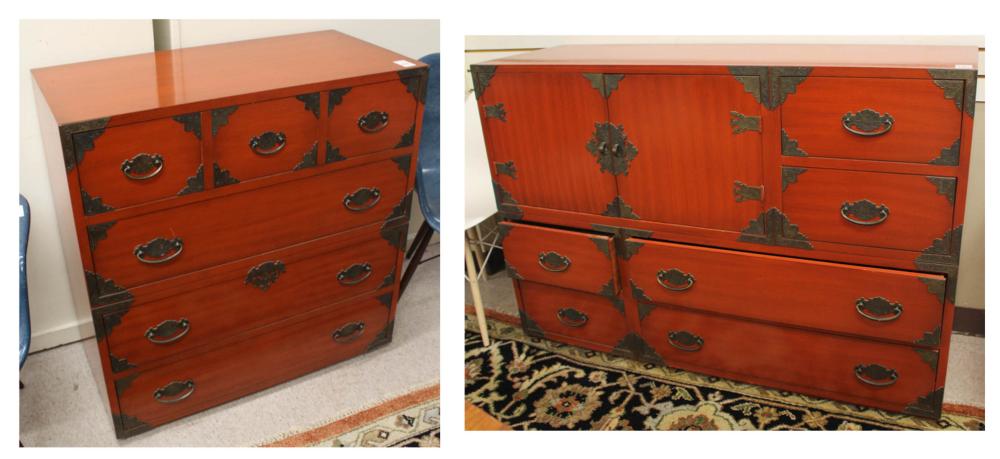 Appraisal: TWO MATCHING RED CHINESE STYLE CHESTS Thomasville Furniture Co mid