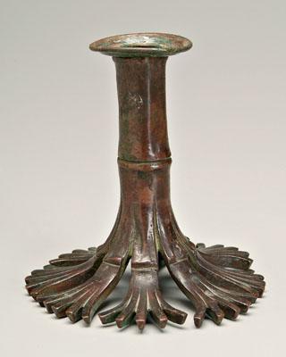 Appraisal: Tiffany bronze candlestick shaped as bamboo with red and green