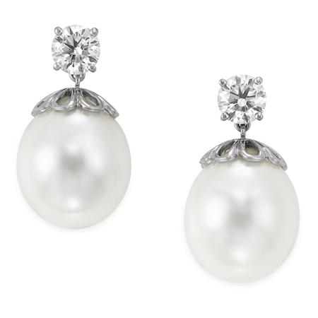 Appraisal: Pair of Cultured Pearl and Diamond Pendant-Earrings Estimate -