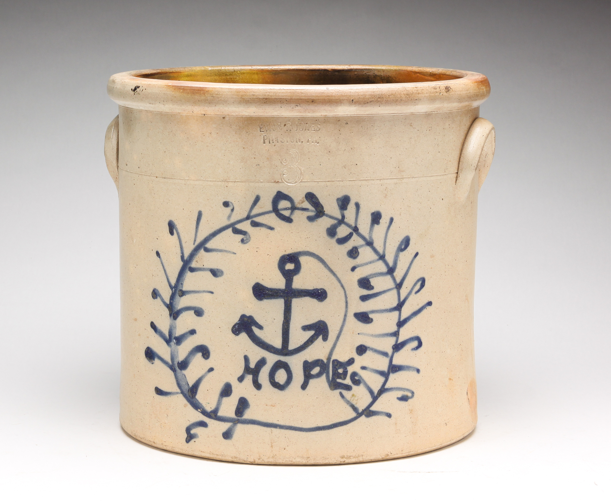 Appraisal: PENNSYLVANIA STONEWARE CROCK Late th century Impressed Evans R Jones