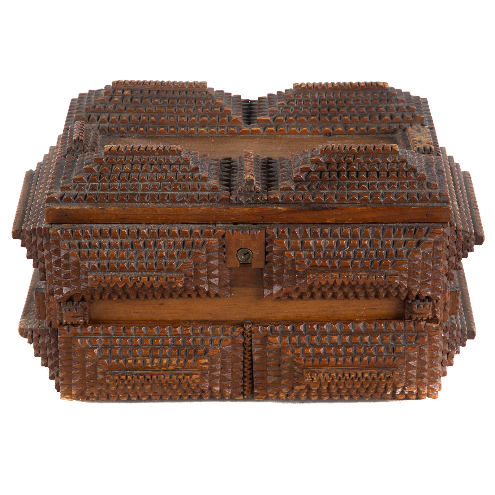 Appraisal: TRAMP ART NOTCH CARVED JEWELRY BOX in H x in