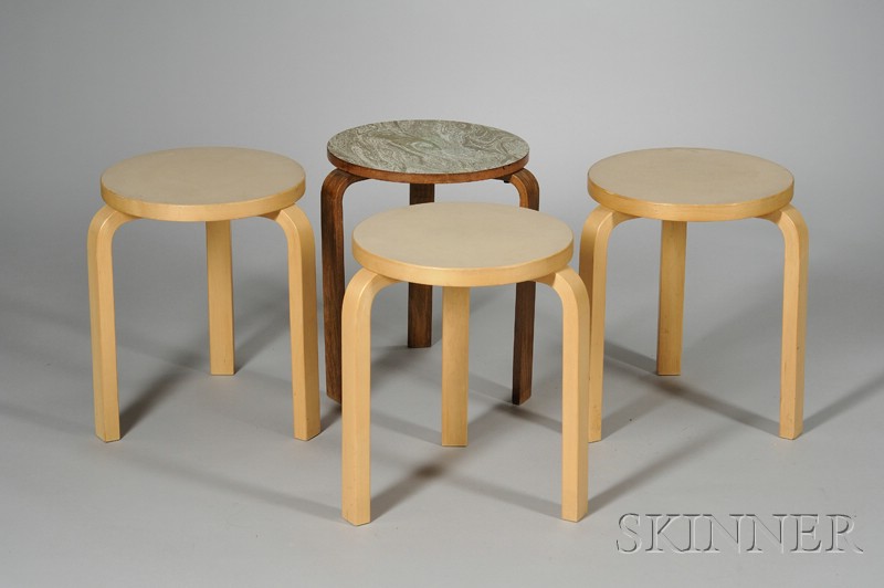 Appraisal: Four Alvar Aalto Style Laminated Bentwood Stools three with beige