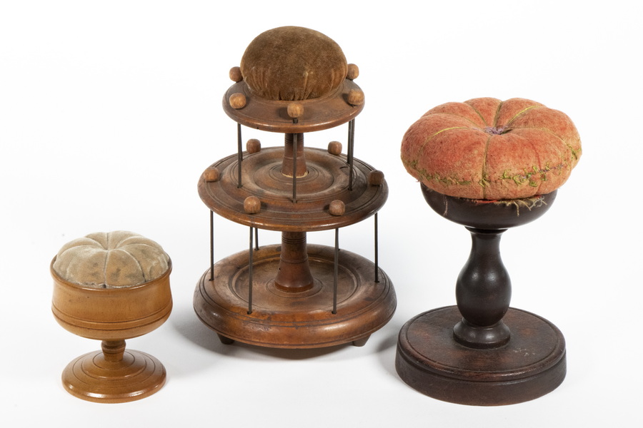 Appraisal: SHAKER PINCUSHION STANDS ONE WITH SPOOL HOLDER Group of Late