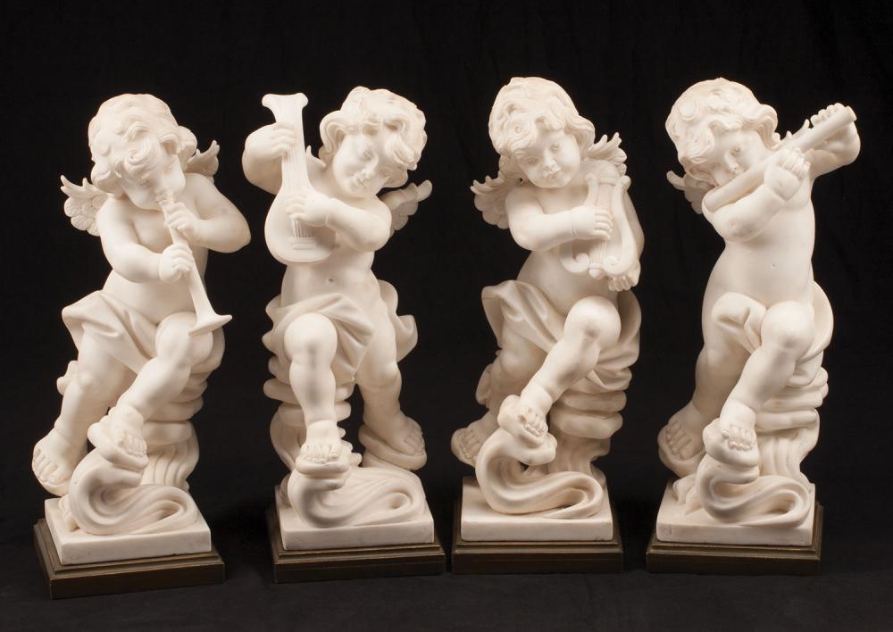 Appraisal: Suite of Four Carved White Marble Putti Playing Instruments each