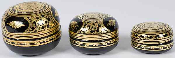 Appraisal: Russian Lacquerware Boxes Russian includes three spherical lacquerware boxes that