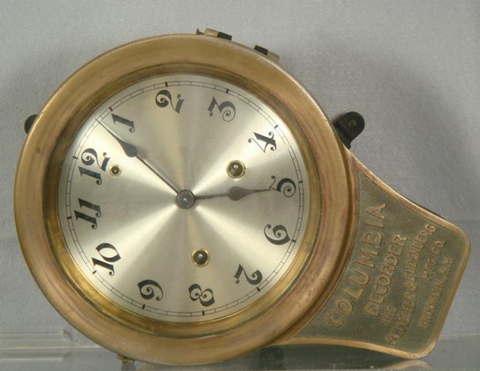 Appraisal: Brass and iron Columbia Recorder wall clock by Schaeffer Budenberg