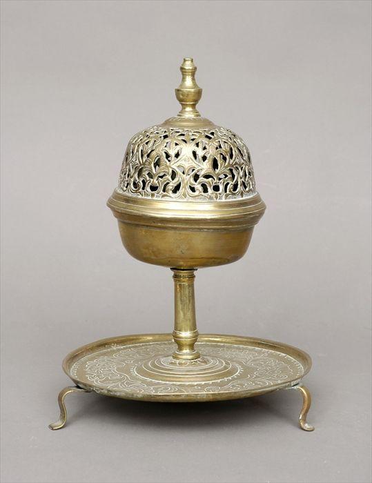 Appraisal: Indian Engraved Brass Censer on Tripod Base in in diam