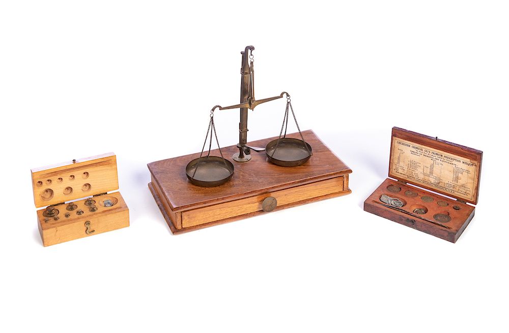 Appraisal: Antique Wood and Brass Scales with Weights Excellent condition with