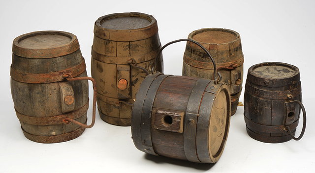 Appraisal: A GROUP OF FIVE ANTIQUE COOPERED COSTRELS AND KEGS all