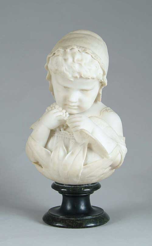 Appraisal: CARRERA WHITE MARBLE BUST OF GIRL WITH GRAPES AND DOVE