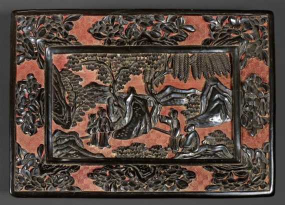 Appraisal: A CARVED BLACK AND CINNABAR LACQUER TRAY China th ct