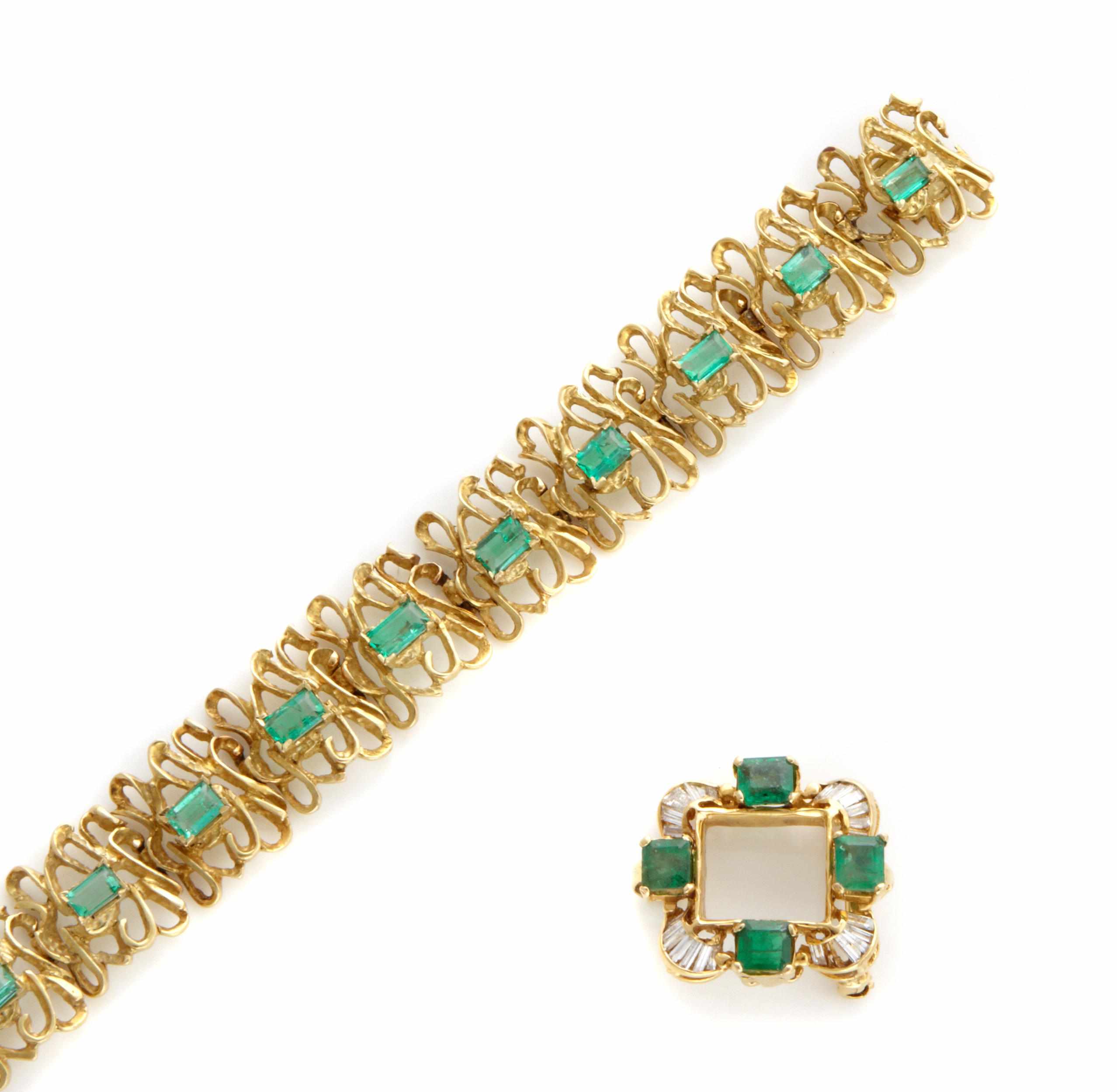 Appraisal: A diamond emerald and gold brooch-pendant and bracelet g gross