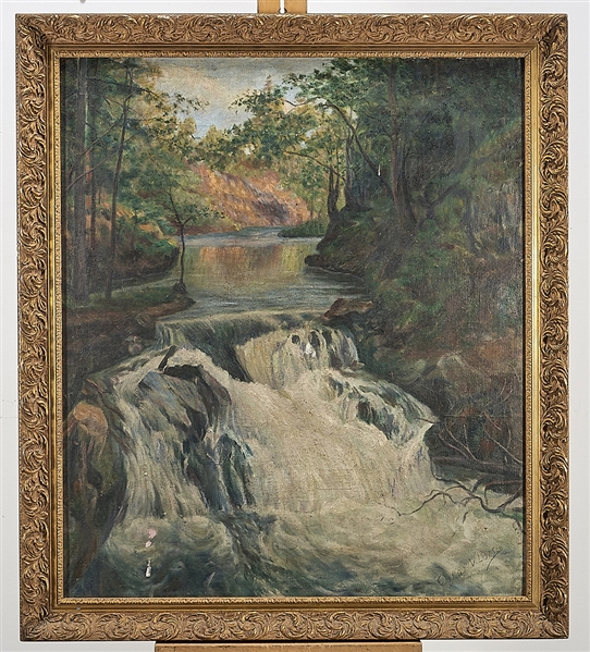 Appraisal: Oil on canvas painting of a stream and waterfall through