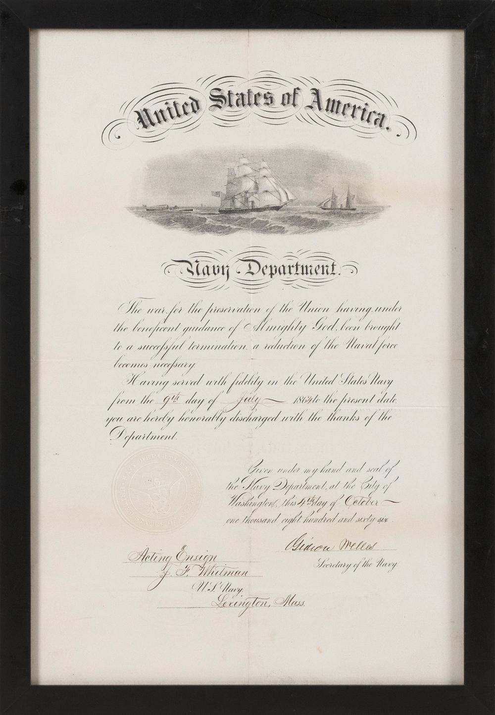 Appraisal: UNITED STATES NAVY CIVIL WAR DISCHARGE DATED OCTOBER X FRAMED