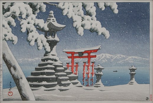 Appraisal: HASUI Kawase Japan - Snowy Temple Scene on a Lake