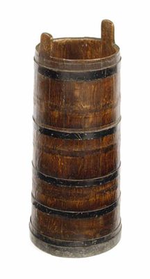 Appraisal: A coopered oak stickstand of slatted tapering form with iron