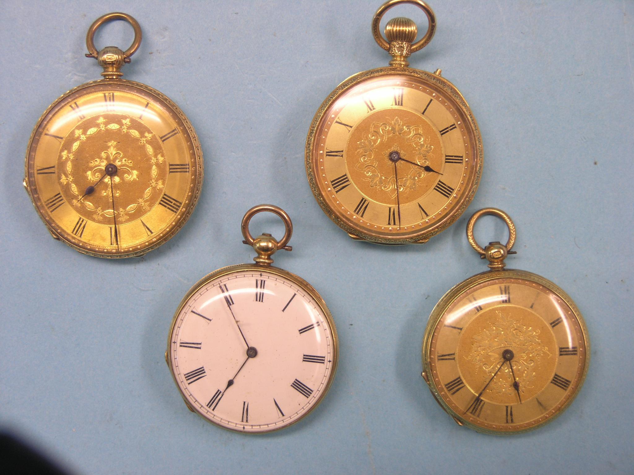 Appraisal: Four engraved ct gold fob watches no keys one keyless-wind