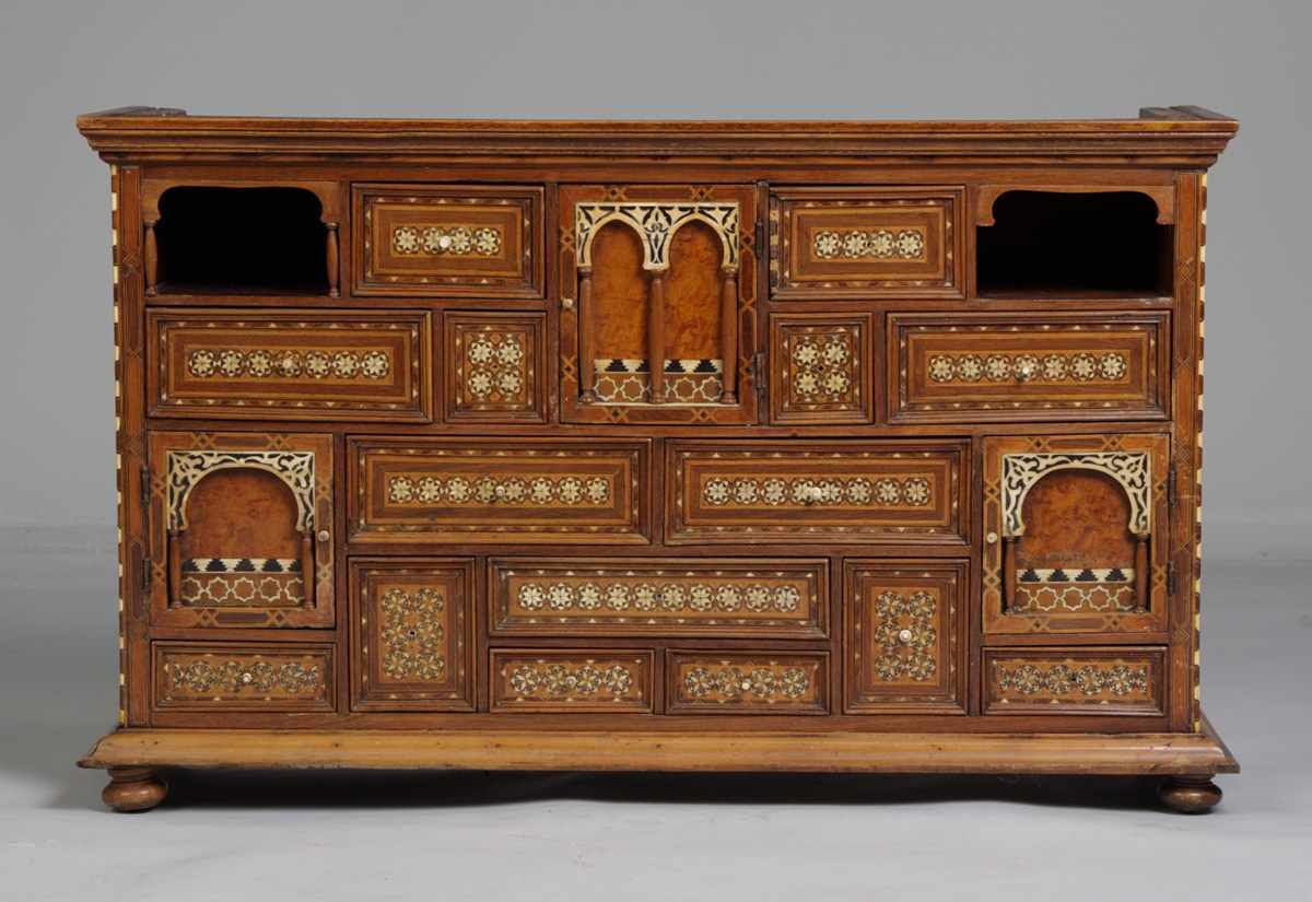 Appraisal: Inlaid Ivory Ebony Collectors Cabinet th cent Dovetail drawers Condition