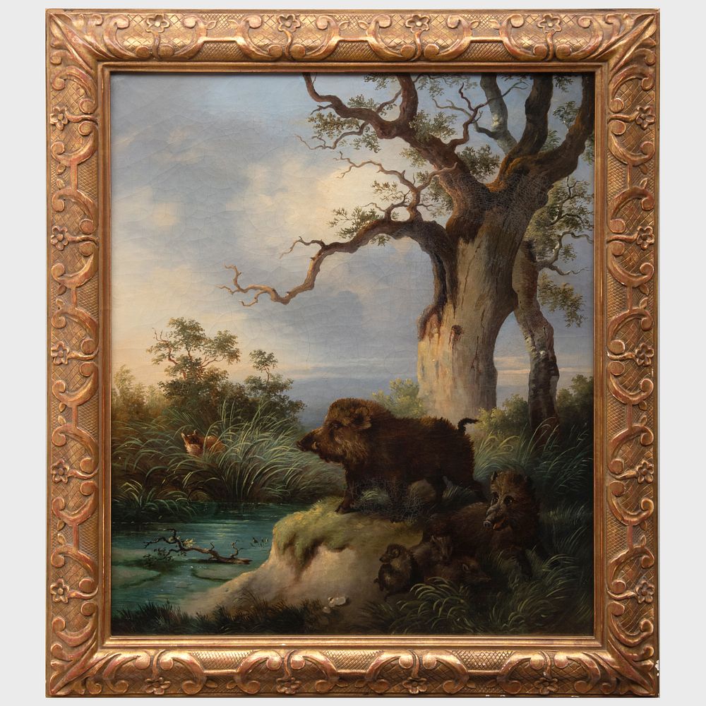 Appraisal: European School Wild Boar in a Landscape Oil on canvas